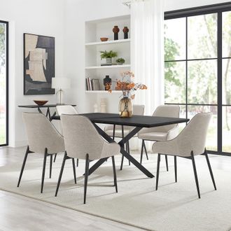 Furniturebox Leonardo Black Top Dining Table & 6 Beaumont Fabric Chairs in Cream