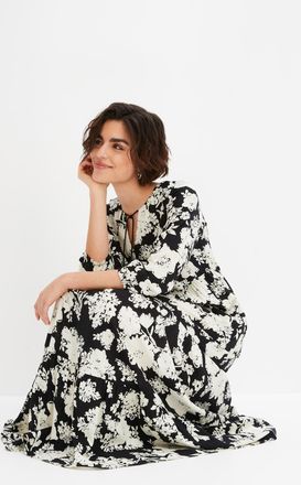 Bonprix Maxikleid BONPRIX, Damen, Gr. 36, N-Gr, schwarz, creme gebl&uuml;mt, Obermaterial: 100% Viskose, ausgestellt, Kleider Maxikleid, f&uuml;r Fr&uuml;hling und Sommer, a