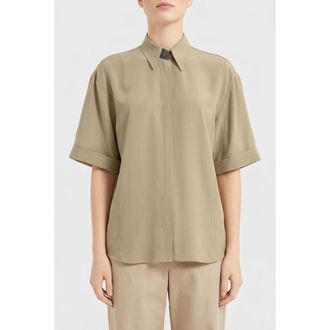 Brunello Cucinelli Light Khaki Silk Shirt, Size X-Small