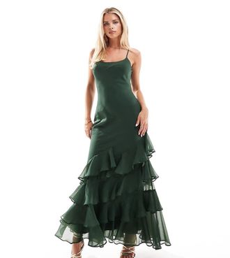 Asos Petite ASOS DESIGN Petite scoop neck bias maxi dress with ruffle hem in forest green