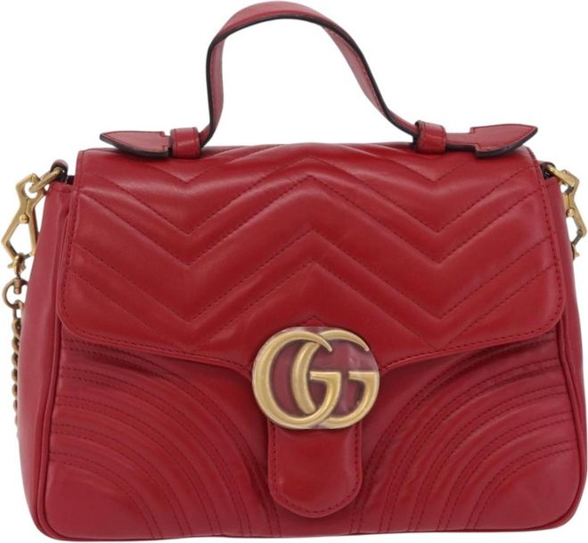 Gg Marmont Top Handle Matelasse Leather Red Leather Handbag (Pre-Owned)