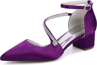 Generic Bridal Shoes Womens Rhinestone Wedding Prom Pumps Satin Pointed Toe Ankle Strap Bridesmaid Chunky Heels Shoes4.5Cm,Dark Purple,10 UK