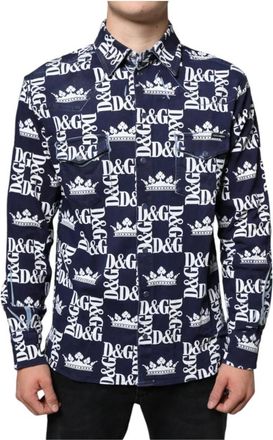 Dolce & Gabbana Crown Logo Print Slim Fit Katoenen Shirt - Heren - Casual Overhemden - Blauw - S - Katoen - Overhemden