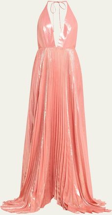 Alice & Olivia Adalyn Pleated Metallic Halter Maxi Dress