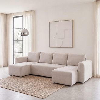 Maisons du monde Sof&aacute; cama panor&aacute;mico en U de 6/7 plazas de tela tramada beige - 319 cm