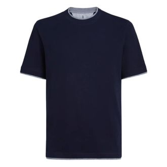 Brunello Cucinelli Brunello Cucinelli, T-Shirts, male, Blue, Size: 2XL Cotton T-Shirt with Contrasting Profiles