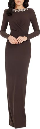 Dress The Population Anne Embellished Long Sleeve Column Gown in Mocha at Nordstrom, Size Xx-Small