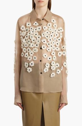 Khaite Argo Floral Appliqu&eacute; Sheer Silk Organza Button-Up Shirt in Tea Stain Scatter at Nordstrom, Size Medium