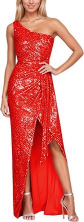 Generic Womens Off Shoulder Sequin Party Dress Sleeveless Slit Backless Evening Gown with Sparkling Embellishments for and Night Out Events Red