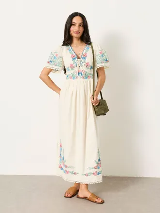 Fat Face FatFace Lea Ivory Regular Embroidered Midi Dress
