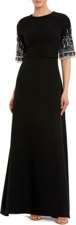 Mac Duggal Petite Crepe A Line Gown With Beaded 3/4 Sleeves in Black at Nordstrom, Size 12