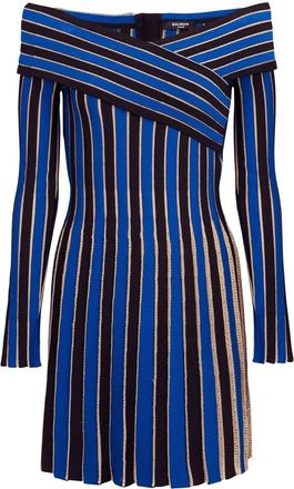Balmain striped off-shoulder dress - women - Viscose/Polyester/Polyamide/- - 38 - Blue