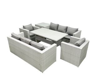 Fimous Rattan Garden Furniture Set Outdoor 8 Seater Patio Dinin g Sofa Sets with Dining Table 2 Chairs Side Table Light Grey Mixed