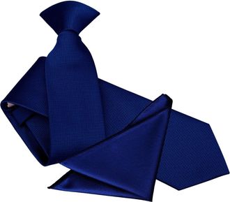 DQT Solid Check Formal Business Officers Wedding Modern Style Easy to Wear Clip on Tie & Pocket Square Set for Men in Royal Blue