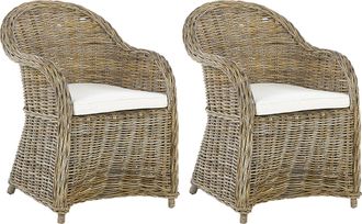 Beliani Conjunto De 2 Sillas De Jard&iacute;n De Rat&aacute;n Natural Blanco Crema Coj&iacute;n De Asiento Algod&oacute;n Interior Susua