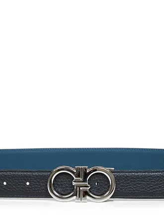 Ferragamo Mens Belt Gancini Black-Titanium Blue Calf Leather