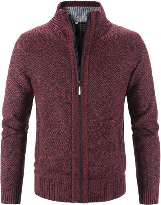 Generic and Winter Mens Cardigan Warm Thickened Sweater Mens Stand-up Collar Velvet Sweater Jacket Men-Maroon-XL