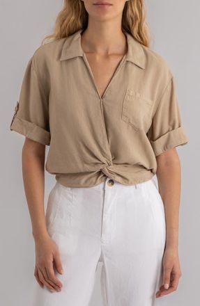Kut from the Kloth Rebel Knot Front Linen Blend Top in Stone at Nordstrom, Size X-Large