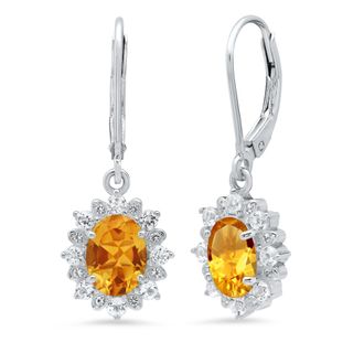 MAX + STONE Sterling Silver Halo Sunburst Oval Gemstone Leverback Earrings with White Topaz Accent