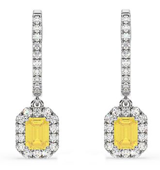 The Diamond Store Annabelle Yellow Lab Diamond 1.48ct Emerald Cut Halo Earrings in 18K White Gold - Elara Collection