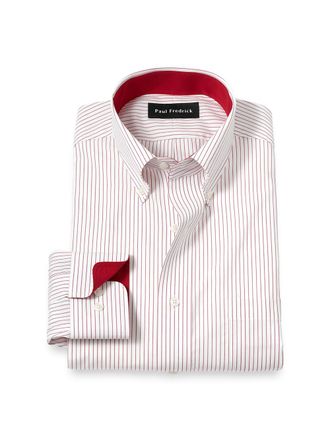 Paul Fredrick Slim Fit Non-iron Cotton Stripe Dress Shirt With Contrast Trim