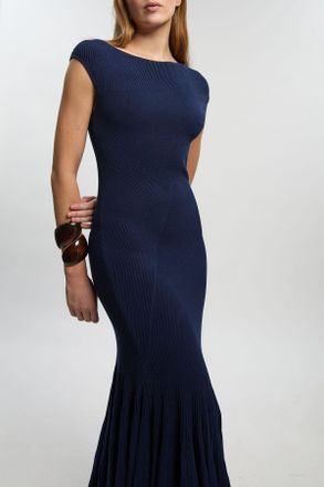 Karen Millen Womens Sheer Detail Pleated Knit Midi Dress - Navy viscose - Size X-Small