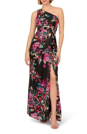 Adrianna Papell Pleated Floral Print One-Shoulder Chiffon Gown in Black Multi at Nordstrom, Size 4
