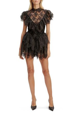 Bardot Tarryn Ruffle Lace Minidress in Black at Nordstrom, Size 12