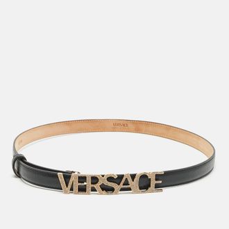 Versace Black Leather Logo Crystals Waist Belt