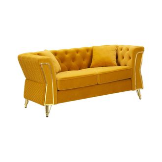 Dmora Dmora - Sof&aacute; Fijo 2 Plazas Casio, Sof&aacute; Recto, Sof&aacute; Para Sal&oacute;n, Sill&oacute;n Doble, 162x83 H76 Cm, Ocre Y Oro