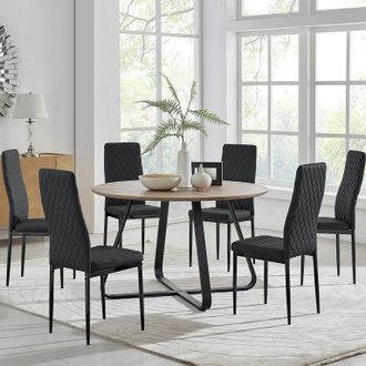 Furniturebox Santorini Brown Round Dining Table & 6 Milan Black Leg Chairs