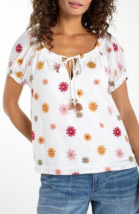 Liverpool Embroidered Tie Neck Top in White Multi Flower at Nordstrom, Size X-Large