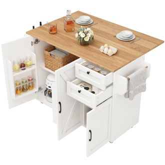 STILVORA Carro De Cocina Con 2 Cajones, Estantes A Ambos Lados, Encimera Plegable Y 5 Ruedas, En Mdf, Blanco