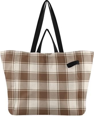 Generic Check Plaid Brown print Reusable Canvas Tote Bag, Heavy Duty Grocery Shopping Bag with Double Handles Hard Bottom Large Capacity Work Groceries Travel