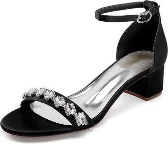 Generic Wedding Shoes Womens Open Toe Satin Chunky Heel Heels Sandals Bridal Shoes Low Heel Prom Party Dress Pumps 4.5Cm,Black,10 UK
