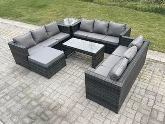 Fimous Rattan Garden Furniture Lounge Sofa Set With Oblong Rectagular Coffee Table Big Footstool in Dark Grey