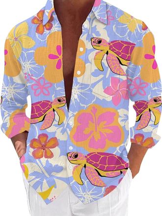 Generic Hawaiian Shirt Men, Casual Holiday Shirts Button Down Beach Shirt 3D Printed Summer Floral Shirts Funny Hawaiian Beach Wear Lightweight Breathable Lon