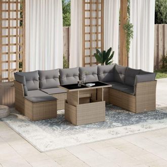 vidaXL Set De Sof&aacute;s De Jard&iacute;n 9 Pzas Con Cojines Rat&aacute;n Sint&eacute;tico Beige Vidaxl