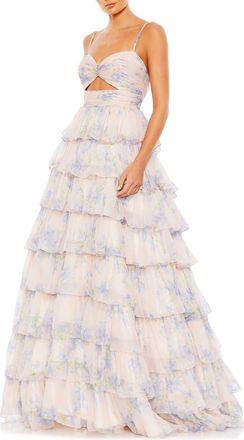 Mac Duggal Floral Cut Out Ruffle Layered Gown in Violet Multi at Nordstrom, Size 12