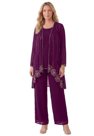 Roaman's Plus-Size Long Sleeve Floral Beaded Georgette Three-Piece Pant Set in Dark Berry at Nordstrom, Size 16