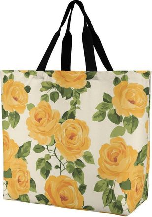 Generic Yellow Rose Reusable Shopping Bags One Shoulder Grocery Tote Bag Waterproof Big Purse for Work Travel