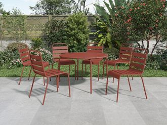 Vente-Unique Sala da pranzo da giardino in metallo - un tavolo rotondo D.130cm e 6 sedie impilabili - Terracotta - MIRMANDE di MYLIA