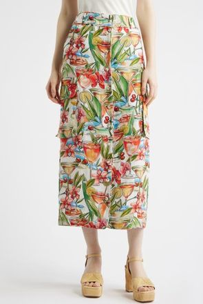 Farm Rio Cocktail Print Linen Midi Skirt in Off-White at Nordstrom, Size Xx-Small