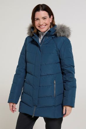 Mountain Warehouse Isla II Womens Down Jacket Water Resistant Faux Fur Hood Warm Winter Coat Blue - Size 8 UK