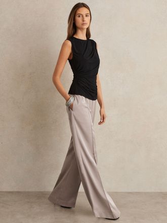 Reiss Grey Petite Satin Wide Leg Elastic Waist Trousers, 12