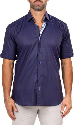 Maceoo Galileo Marty Short Sleeve Cotton Button-Up Shirt in Blue at Nordstrom, Size 4