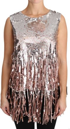 Dolce & Gabbana Womens Sequin Fringe Party Top - Light Grey - Size EU 36 (Womens)