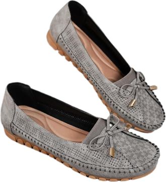 Generic Orthopedic Leather Shoes, Lightweight Anti-Slip Breathable Sandals, Dressy Slip-On Bow-Knot Round Toe Loafers (Gray,5.5)