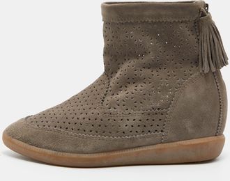 Isabel Marant Grey Cutout Suede Tassel Embellished beslay Wedge Ankle Boots