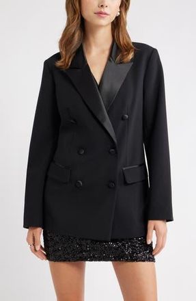 Open Edit Double Breasted Satin Trim Blazer in Black at Nordstrom Rack, Size Xx-Small